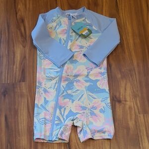 Kids Floral Rashguard Swimsuit - Light Blue and Pink